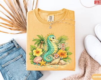 Tropical Seahorse Shirt,Summer Ocean Life Tshirt,Hibiscus Floral Beach Tee, Colorful Sea Animal Top, Botanical Coastal Apparel,Vacation Gift