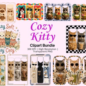 Könnte beinhalten: Ein digitales Clipart-Bundle namens "Cozy Kitty" mit Illustrationen von Katzen und Lamas. Die Katzen tragen Sonnenbrillen und genießen Getränke, einige in tropischer Umgebung. Die Lamas tragen Pullover. Der Text "Stay Soft" und "Stay Cozy" ist ebenfalls enthalten.