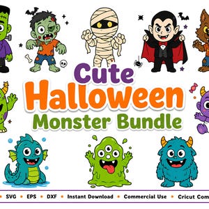Paquete de archivos SVG de monstruos adorables de Halloween / Archivos Cricut de monstruos kawaii / Archivos SVG de Frankenstein, zombi, momia y vampiro / Archivos de corte DXF, EPS y PNG
