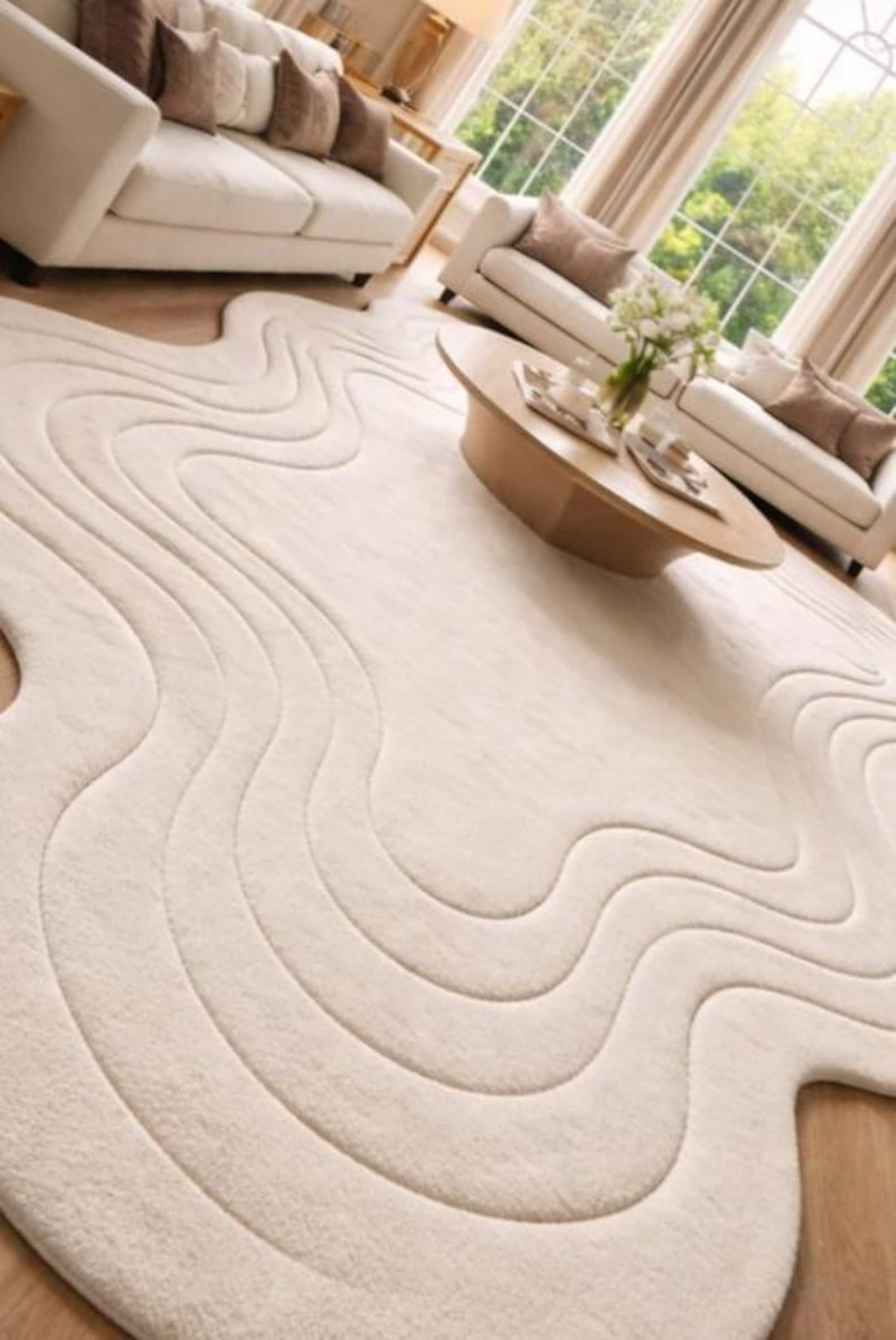 Modern Abstract Cream Rug, Irregular Shape Area Rug, Minimalist Wavy ...