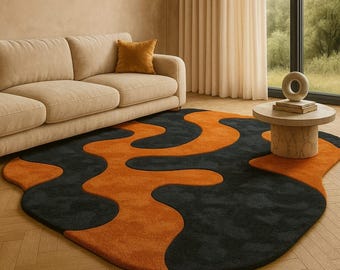Abstract Black & Burnt Orange Hand Tufted Rug, Modern Wavy Area Rug,