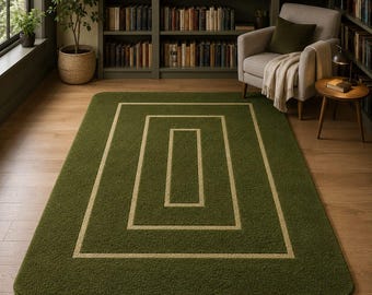 Hand-Tufted Wool Geometric Area Rug, Olive Green Rectangle Carpet, Mid Century Modern Style