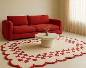 Hand Tufted Scalloped Rug | Modern Checkered Area Rug | Red & Cream Wool Carpet