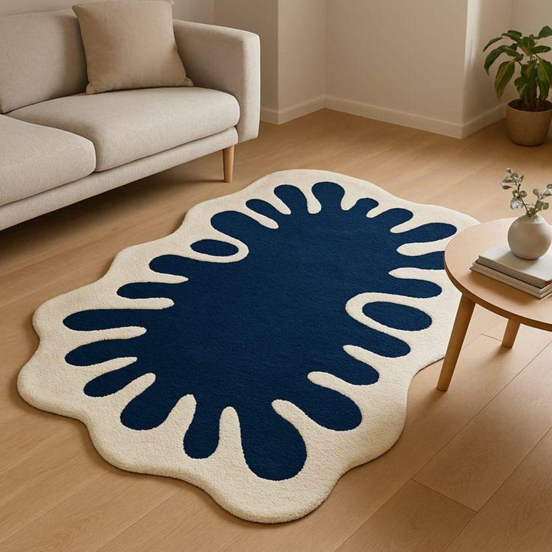 Hand-tufted Wool Rug | Abstract Blue Splash, Organic Shape - Etsy