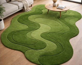 Groen abstract vloerkleed, modern golvend vloerkleed met organische vorm, minimalistische woonkamerdecoratie