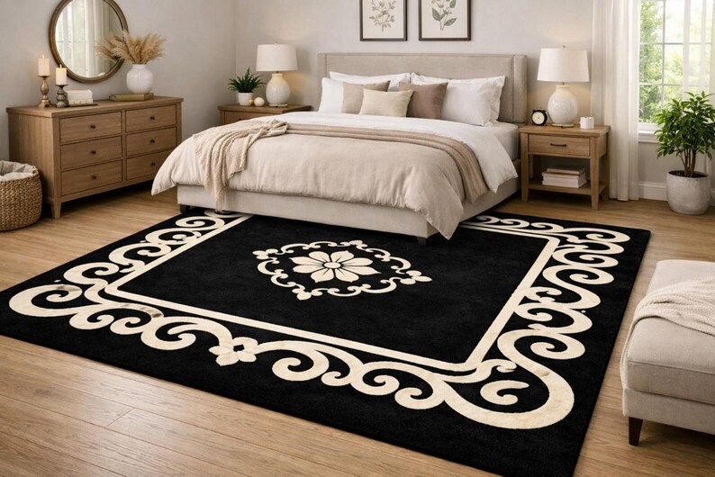 May include: A black rectangular area rug with a cream-colored border and a floral medallion. The rug is placed in a bedroom with a bed, nightstands, and a dresser. The rug's design adds a touch of elegance to the room.