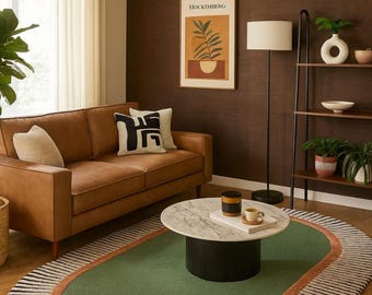 Oval Green Wool Rug, Hand-Tufted Striped Border, Mid-Century Modern