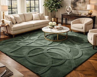 Handgetuft groen vloerkleed, abstract geometrisch, luxe huisdecor