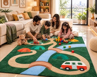May include: A rectangular green area rug featuring a playful landscape design with a winding beige road, a light blue river, brown bridges, and colorful camper van and tent motifs. The rug provides a textured surface for play.