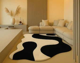 Abstract Black and Cream Wool Area Rug, Hand-Tufted Organic Shape