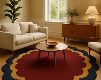 May include: A living room scene featuring a cream-colored sofa, wooden coffee table, and a decorative rug. The rug has a scalloped edge design with a burgundy center, bordered by yellow and navy blue. A lamp and cabinet are also visible.