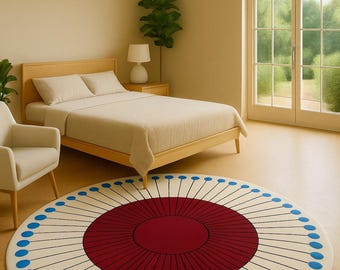 May include: A bedroom scene featuring a round rug with a red center and blue accents. The rug is on a wooden floor, with a bed, chair, and a window with a view of greenery. The room has a neutral color palette.