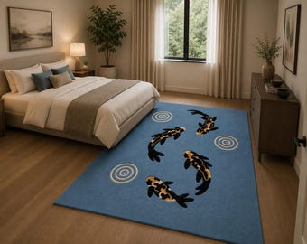 May include: A rectangular area rug featuring a solid blue background with a pattern of three swimming koi fish in black, white, and gold colors, accented by three circular ripple designs in a light beige tone across the surface of the rug.