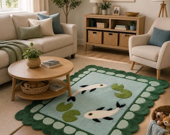 Hand-Tufted Wool Koi Fish Rug, Scalloped Pond Lily Pad Nursery Carpet