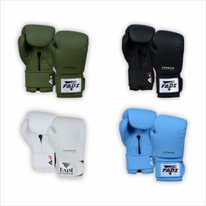 May include: Four pairs of boxing gloves in various colors: olive green, black, white, and light blue. Each pair features a wrist strap with the "FADI SPORTS" logo and "AUTHENTIC SERIES" text. The gloves are designed for combat sports training.