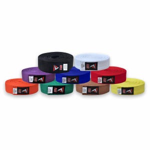May include: A collection of rolled martial arts belts in various colors, including black, white, red, and yellow. Each belt has a label with a logo. The belts are arranged in a circular pattern against a white background.