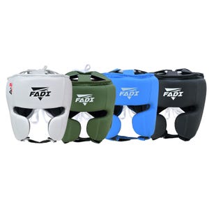 May include: Four boxing headgear in white, green, blue, and black. Each headgear has the brand name "FADI" printed on the front. The headgear is designed to protect the head during boxing or other combat sports.