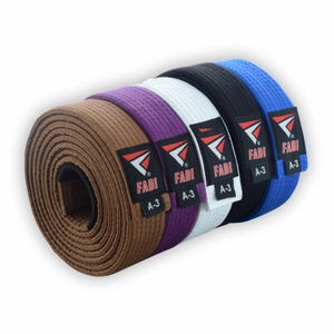 May include: Rolled martial arts belts in brown, purple, white, black, and blue. Each belt has a label with the text "FADI" and "A-3". The belts are tightly rolled, showcasing the different colors and textures.