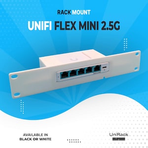 May include: White rack mount with the text "UNIFI FLEX MINI 2.5G". The rack mount has five ports with blue accents and a small port on the side. The text "AVAILABLE IN BLACK OR WHITE" is also present.