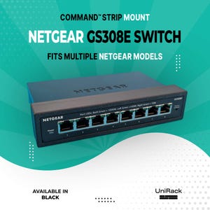 May include: A black Netgear GS308E switch with multiple ports, designed for various Netgear models. The image includes the text "COMMAND STRIP MOUNT" and "AVAILABLE IN BLACK". The switch has port LEDs and the Netgear logo.