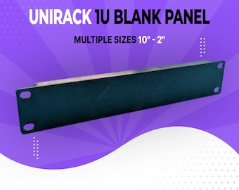May include: A black UniRack 1U blank panel for rack mount systems. The panel is rectangular with rounded corners and multiple sizes from 10" to 2". The text "AVAILABLE IN BLACK OR WHITE" is also visible. The background is purple and white.