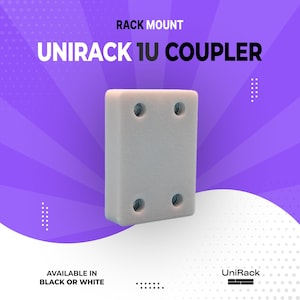 May include: A white UniRack 1U Coupler, a rack mount component, is displayed against a purple background. The text "Rack Mount" and "UniRack 1U Coupler" are at the top. The text "Available in Black or White" is at the bottom.