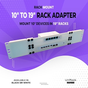 May include: White 10" to 19" rack adapter with the text "RACK MOUNT 10" TO 19" RACK ADAPTER MOUNT 10" DEVICES IN 19" RACKS". The adapter is designed to mount 10-inch devices in 19-inch racks. Available in black or white.