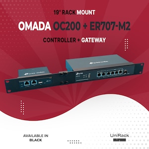 May include: A black 19-inch rack mount containing an Omada OC200 controller and an ER707-M2 gateway. The hardware features multiple Ethernet ports, USB slots, and status indicator lights. The text 19" RACK MOUNT, OMADA OC200 + ER707-M2, CONTROLLER + GATEWAY is visible.