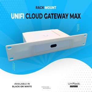 May include: A white rack mount device with the text "UNIFI CLOUD GATEWAY MAX" and "RACK MOUNT". The device is available in black or white. The background is blue with white dots.