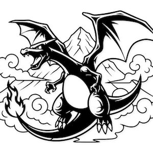 May include: Black and white illustration of a dragon with outstretched wings, flames, and clouds. The dragon is in a dynamic pose, with its mouth open and a mountain range in the background. The design is a stylized, graphic representation.