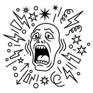 Puede incluir: Ilustración en blanco y negro de una cara gritando, rodeada de rayos estilizados, estrellas y signos de exclamación. La imagen transmite una sensación de conmoción o alarma, con líneas audaces y un estilo gráfico.