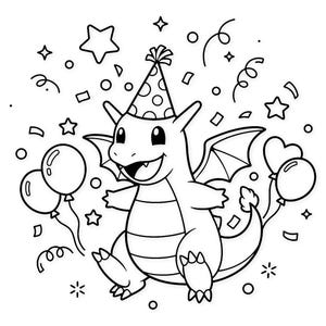 Może przedstawiać: Czarno-biała ilustracja kreskówkowego smoka w czapce urodzinowej, otoczonego balonami, konfetti i gwiazdami. Smok uśmiecha się i wydaje się świętować.