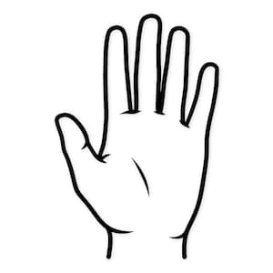 Puede incluir: Dibujo lineal en blanco y negro de una mano humana abierta, con la palma hacia el espectador. Los dedos están extendidos y ligeramente curvados, con un contorno claro que define la forma de la mano sobre un fondo blanco.