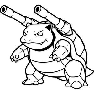 Könnte beinhalten: Schwarz-Weiß-Illustration von Blastoise, einem Pokémon, das einer Schildkröte ähnelt. Es hat einen runden Körper, kurze Beine und zwei Kanonen auf seinem Panzer. Das Bild ist eine Strichzeichnung mit dicken, definierten Umrissen.