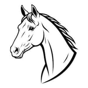 May include: A black and white illustration of a horse's head, showcasing the profile of the animal. The image highlights the horse's mane, eye, and facial features with clean lines and a minimalist design. The artwork is set against a white background.