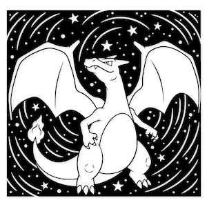 May include: Black and white illustration of a dragon with large wings, set against a starry background. The dragon is in a dynamic pose, with its wings spread and a flame at the tip of its tail. The design features a detailed, stylized aesthetic.
