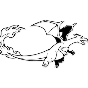 Peut inclure: Illustration en noir et blanc d'un dragon ailé crachant du feu. Le dragon est représenté en plein vol, avec une longue queue se terminant par des flammes. Le dessin est sur fond blanc.