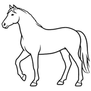 Puede incluir: Un dibujo lineal en blanco y negro de un caballo en posición de caminar. El caballo se representa de perfil, con la cabeza ligeramente girada hacia la izquierda. La imagen es un contorno simple, adecuado para colorear o diseñar.