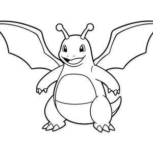 Może przedstawiać: Czarno-biały rysunek kreskowy przedstawiający kreskówkową, smoczą istotę z dużymi skrzydłami, małymi antenami i uśmiechniętą twarzą. Stworzenie ma zaokrąglone ciało, krótkie ramiona i małe stopy. Skrzydła są rozłożone.