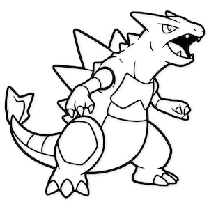 Puede incluir: Ilustración en blanco y negro de un Tyranitar, una criatura reptiliana bípeda grande con una espalda puntiaguda y una expresión amenazante. La criatura está en una pose dinámica, con la boca abierta y las garras extendidas.