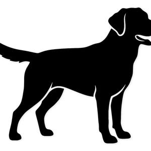 May include: A black silhouette of a Labrador Retriever dog, facing right. The dog's form is outlined in white, highlighting the ears, chest, and legs. The tail is slightly curved, and the dog is in a standing position.