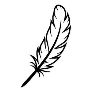 Peut inclure: Illustration en noir et blanc d'une plume. La plume est stylisée avec une forme incurvée et des barbes détaillées. L'image est posée sur un fond blanc uni.