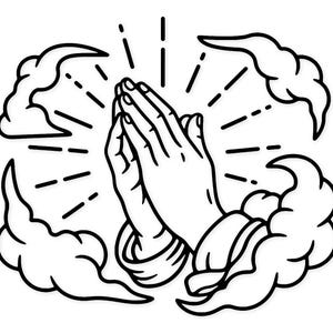 Puede incluir: Ilustración en blanco y negro de manos juntas en oración, irradiando luz. Las manos están rodeadas de nubes estilizadas, con líneas que emanan de las manos, sugiriendo una presencia divina. La obra de arte es una representación simple, pero poderosa, de la fe y la espiritualidad.