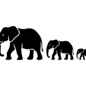 May include: A black silhouette depicting three elephants of different sizes. The largest elephant leads, followed by a medium-sized one, and a small calf. They are all walking from left to right against a white backdrop.