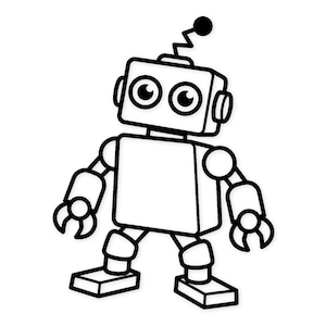 May include: A black and white cartoon robot illustration. The robot has a square head with large eyes, a body, arms, and legs. The robot's hands are claw-like, and it has an antenna with a ball on top. The robot is standing upright.