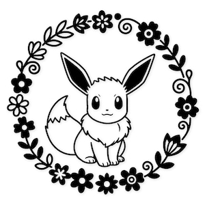 Könnte beinhalten: Schwarz-Weiß-Illustration eines Cartoon-Eevee-Charakters in einem floralen Kranz. Das Eevee hat große Ohren und einen flauschigen Schwanz. Der Kranz besteht aus Blumen und Blättern und bildet ein kreisförmiges Design.