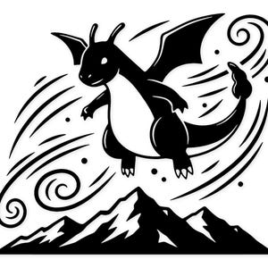 Może przedstawiać: Czarno-biała ilustracja smoka lecącego nad pasmem górskim. Smok ma duże skrzydła i jest otoczony stylizowanymi liniami wiatru i kropkami.