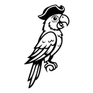 May include: Black and white illustration of a parrot wearing a pirate hat. The parrot has a curved beak, a detailed wing design, and is perched on a decorative swirl. The image is a cartoon style design.
