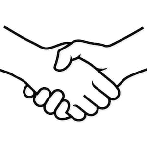 May include: A black and white line drawing of two hands clasped in a handshake. The image depicts a simple outline of the hands, with fingers interlocked, symbolizing agreement or partnership.