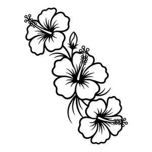 May include: A black and white illustration featuring three hibiscus flowers. The image shows the flowers in different stages of bloom, with detailed petals and stamens. A bud and leaves are also visible against a plain white background.